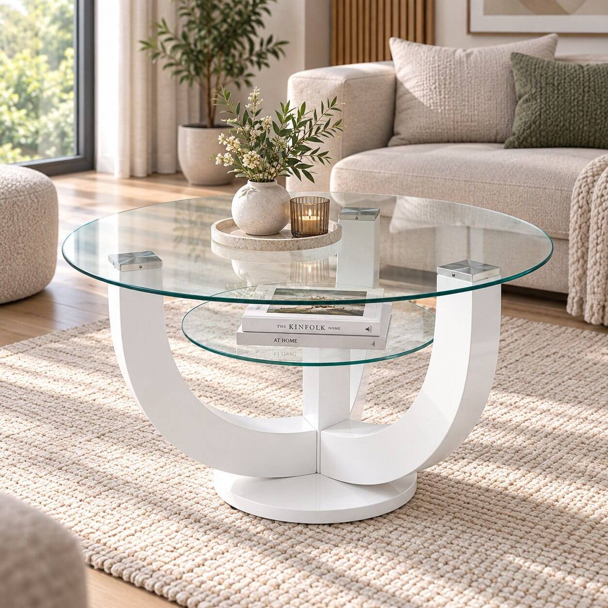 Runder Glas Couchtisch 80x40x80 cm mit Design-Säulengestell in Weiß Hochglanz