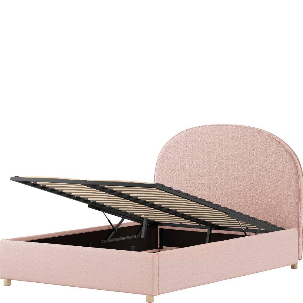 Rosa Boucle-Stoffbett 140x200 mit hochgeklapptem Lattenrost und Stauraum – Skylab