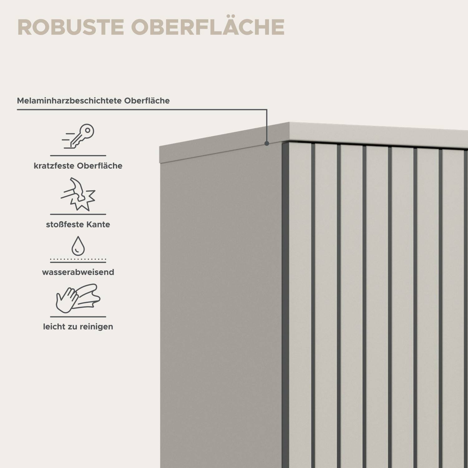 Robuste Melaminharzbeschichtete Oberfläche, kratzfest, wasserabweisend und leicht zu reinigen – Loktos