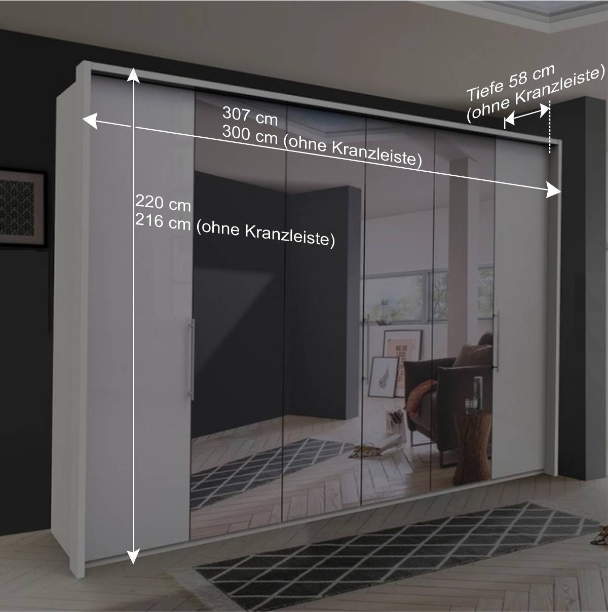 Schlafzimmerschrank mit Spiegel & Glas Front in Weiß - Dolienca