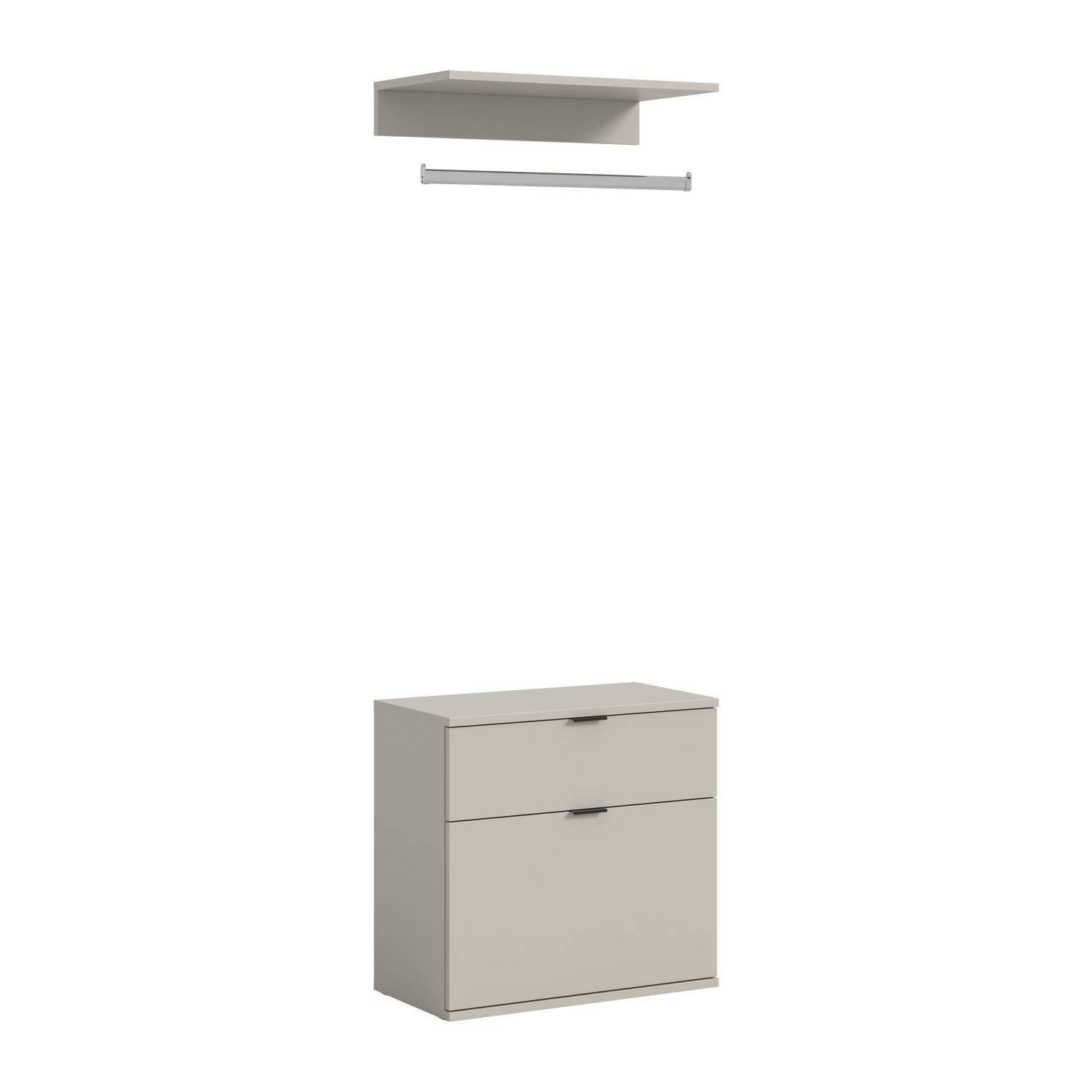 Kleines Garderobenset mit zwei geschlossenen Stauraumfächern und Kleiderstange in hellem Design – Meho