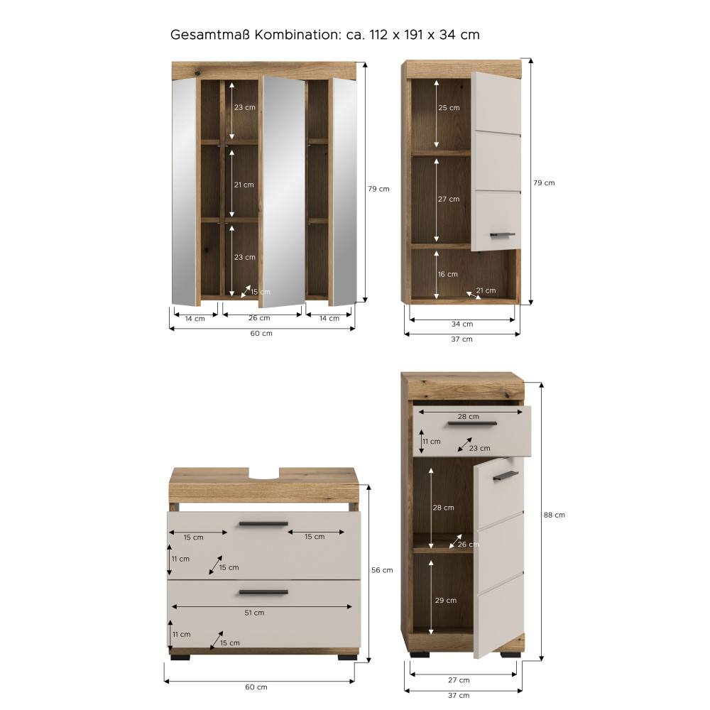 Skizze mit allen Maßen und Abmessungen des vierteiligen Badezimmerschrank-Sets – Casserra