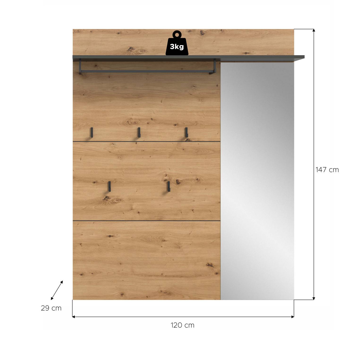 Kompaktgarderobe mit Maßen und Abmessungen, inklusive Spiegelfläche und Ablage – Irysma