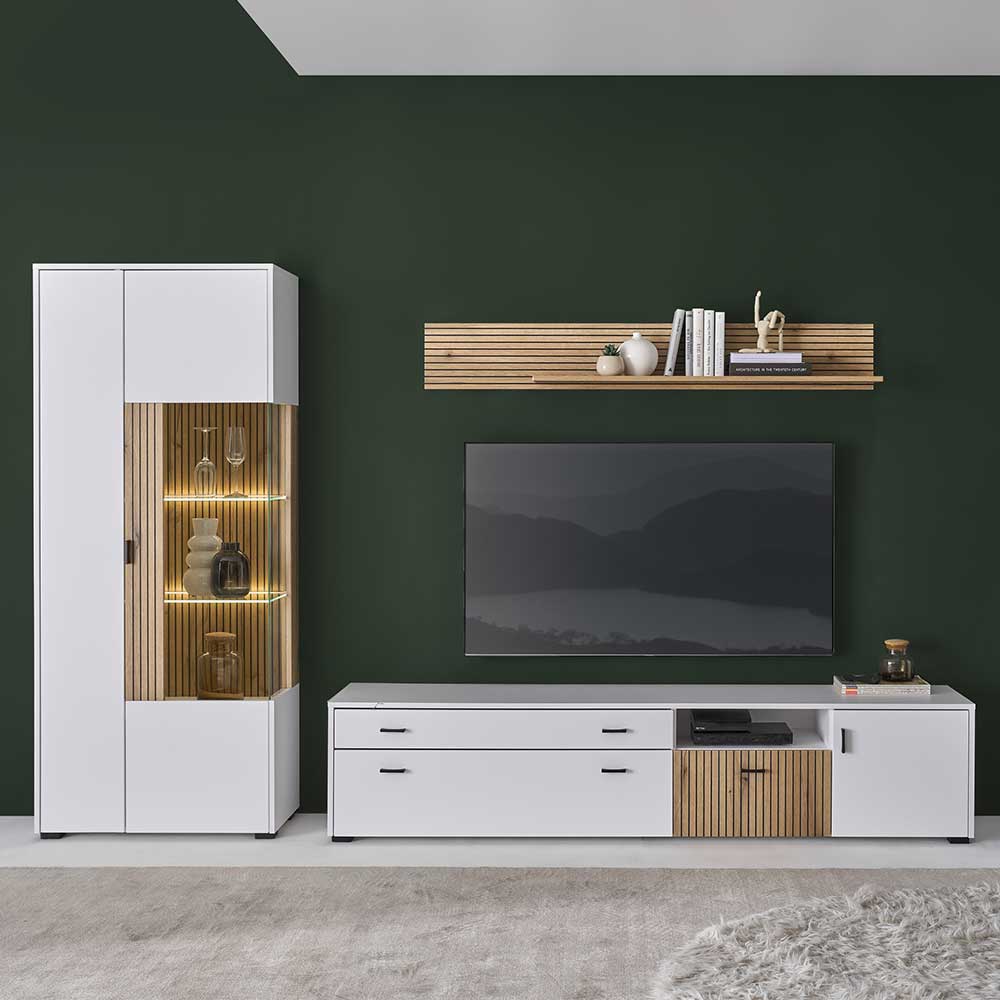 Modern dreiteiliges TV-Wohnwand-Möbelset in Weiß mit Holzlamellen und LED-Beleuchtung – Nenaloro