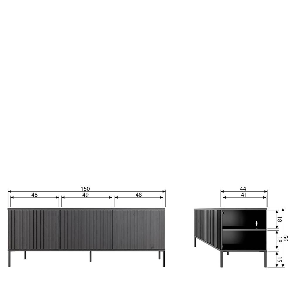 3-türiges Sideboard in Schwarz - 150x56x44 cm - Gelvins