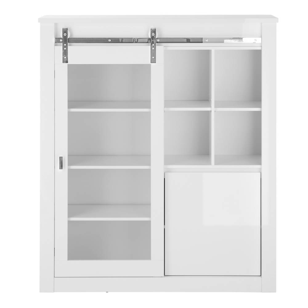 Weißes Highboard mit verglaster Schiebetür und offenen Fächern für Wohnzimmer – Memphys