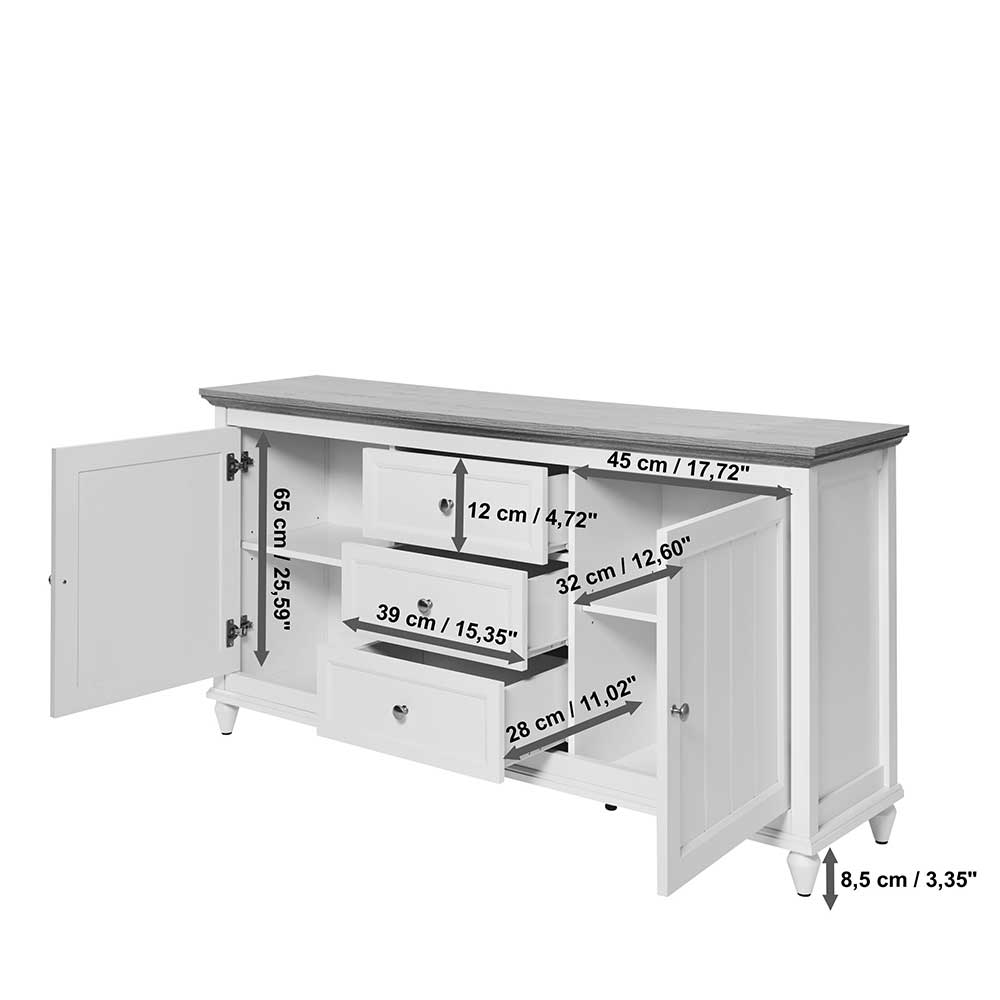 Landhaus Sideboard in Weiß und Eiche - Smaly