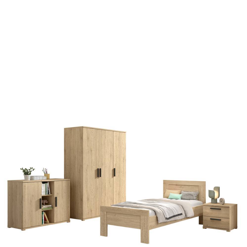 Vierteiliges Jugendmöbel Komplettset in Eiche Optik mit Bett, Schrank, Nachtkommode und Regal – Choice