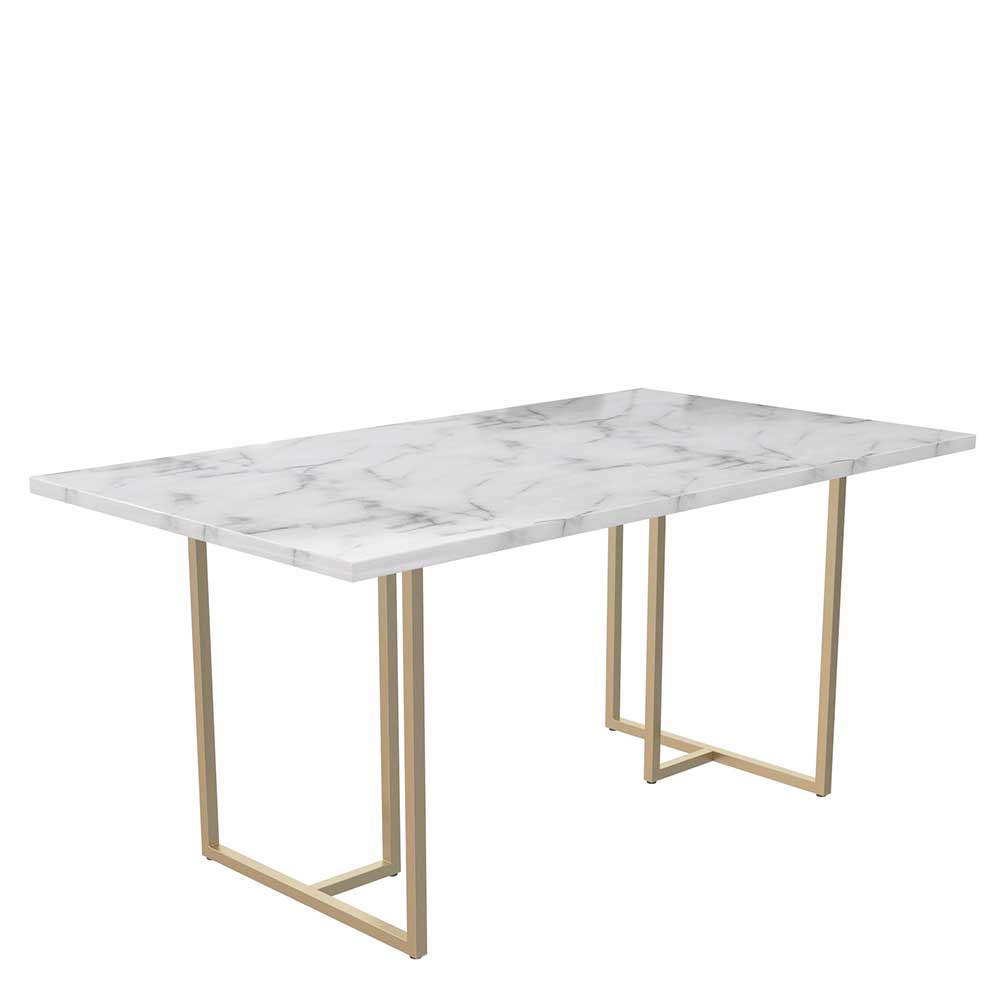 Zeitloser Esstisch mit Marmor Optik Platte und zwei goldenen Bügelgestellen, freigestellt – Chaira