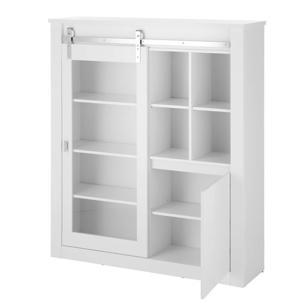 Modernes weißes Sideboard mit Glasschiebetür und praktischer Drehtür im Detail – Memphys