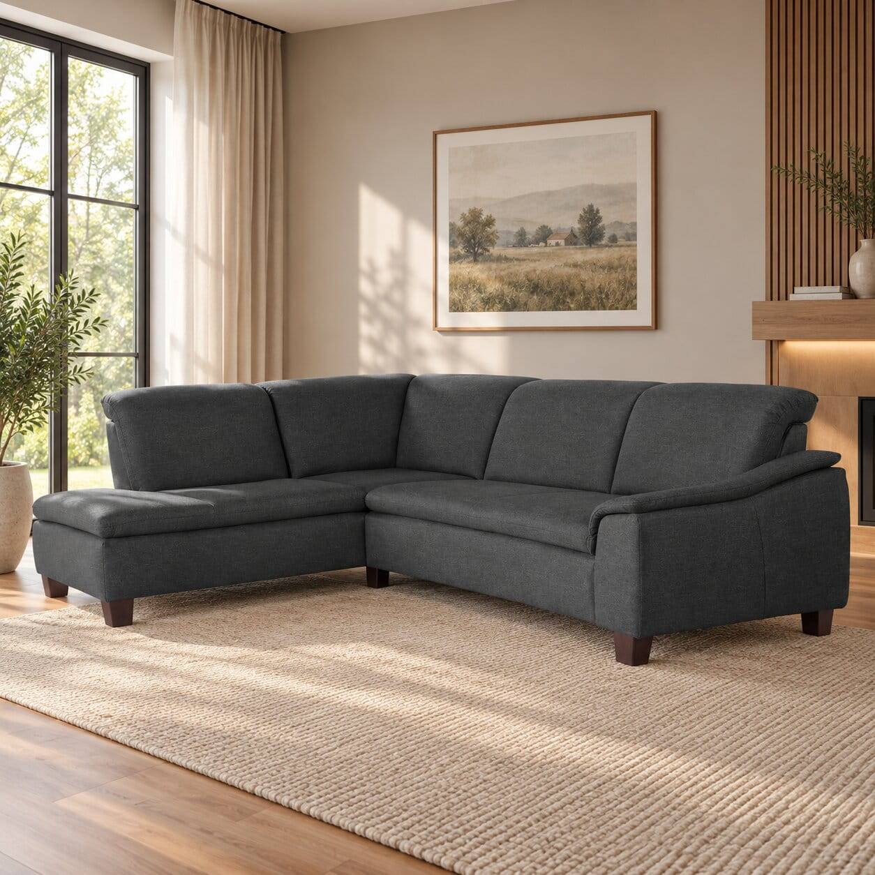 Ecksofa in Dunkelgrau mit Nussbaum - Pelago
