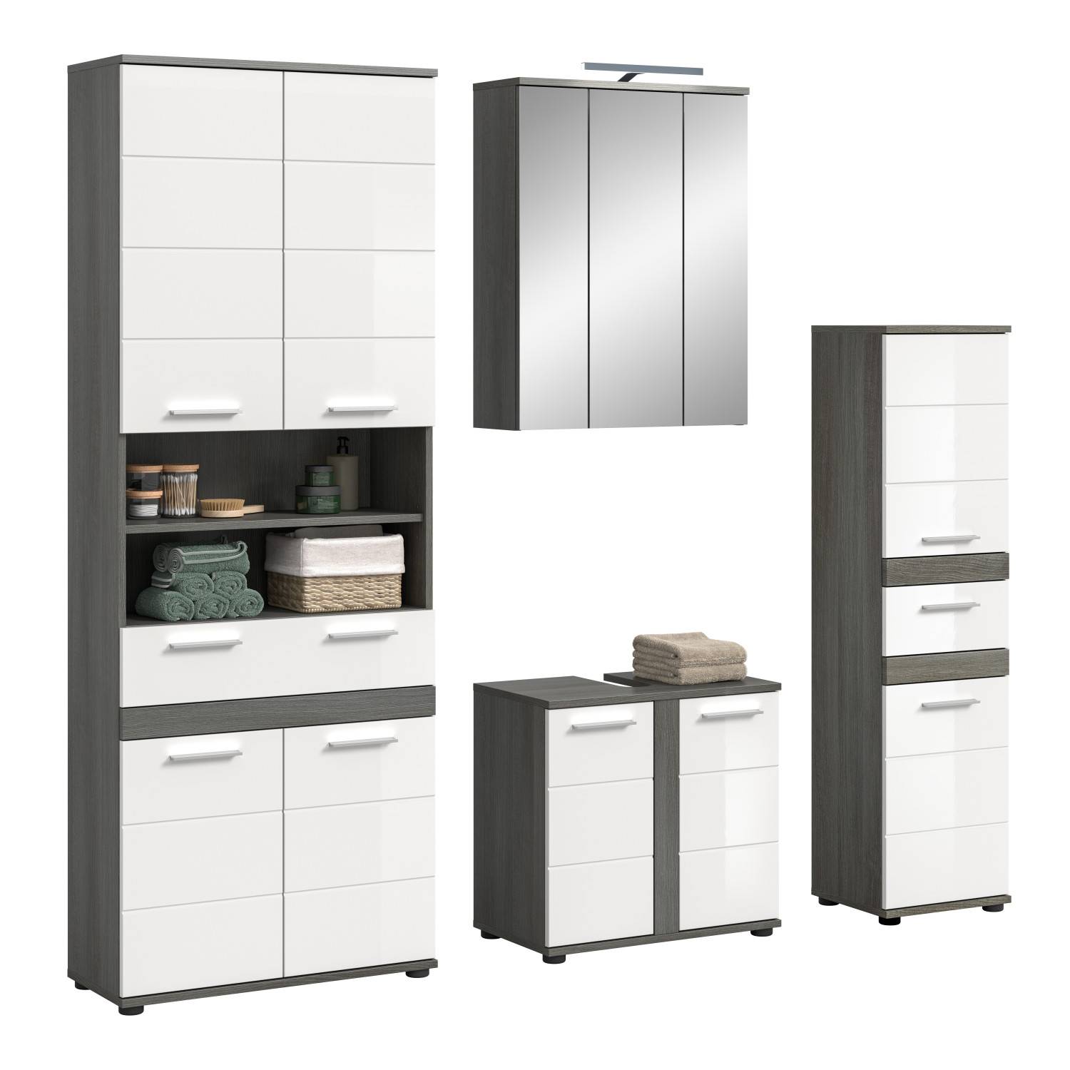 Vierteiliges Badmöbelset Chapan mit Spiegelschrank, Hochschrank und Waschtischunterschrank geschlossen – Chapan