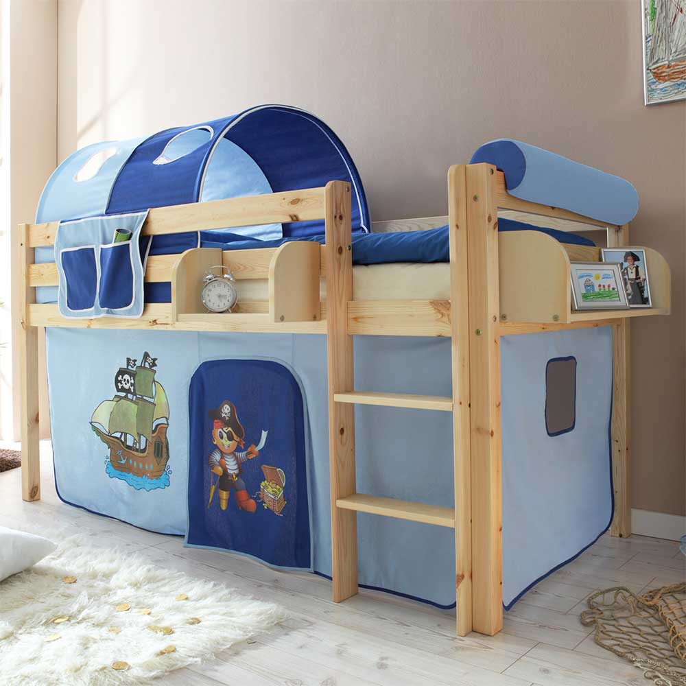 Kinderhochbett Sismail mit Vorhang und Tunnel im Piraten Design