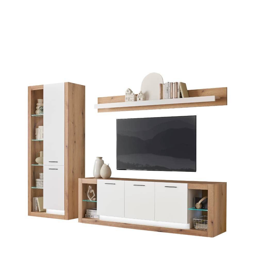 Dreiteiliges Wohnwand Set in Mattweiß und Holzoptik mit Vitrine, TV-Lowboard und Wandregal – Adejano