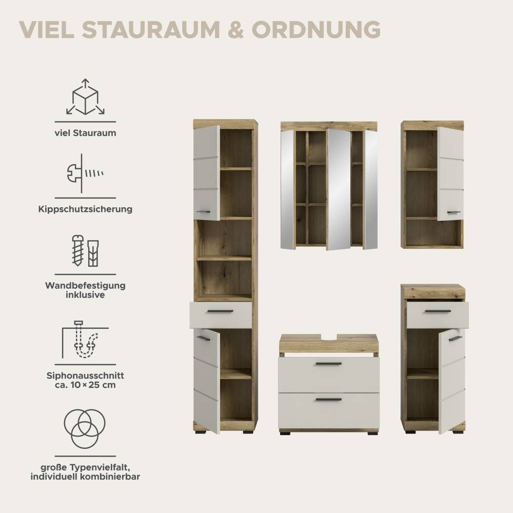 Viel Stauraum und Ordnung im Badmöbelset mit Kippschutz, Wandbefestigung und Siphonausschnitt – Casserra