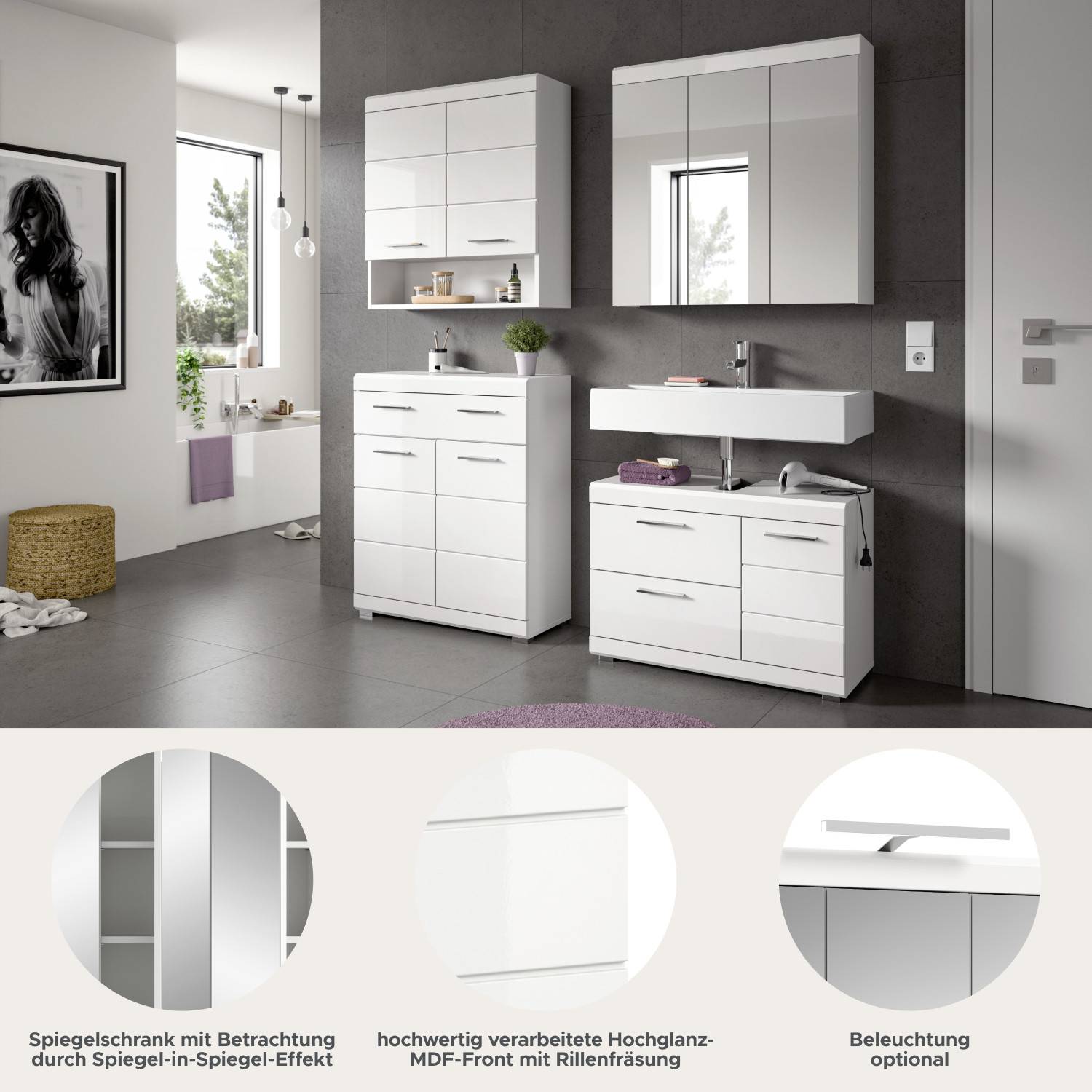 Details des Badezimmersets mit Spiegelschrank, Hochglanzfronten und Rillenfräsung, Beleuchtung optional – Nanila