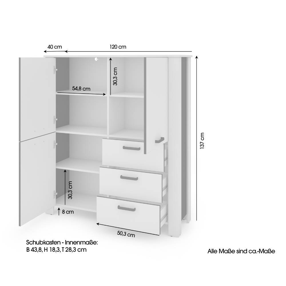 Highboard in Weiß und Schwarz mit detaillierten Maßen und Abmessungen für eine genaue Planung – Planet