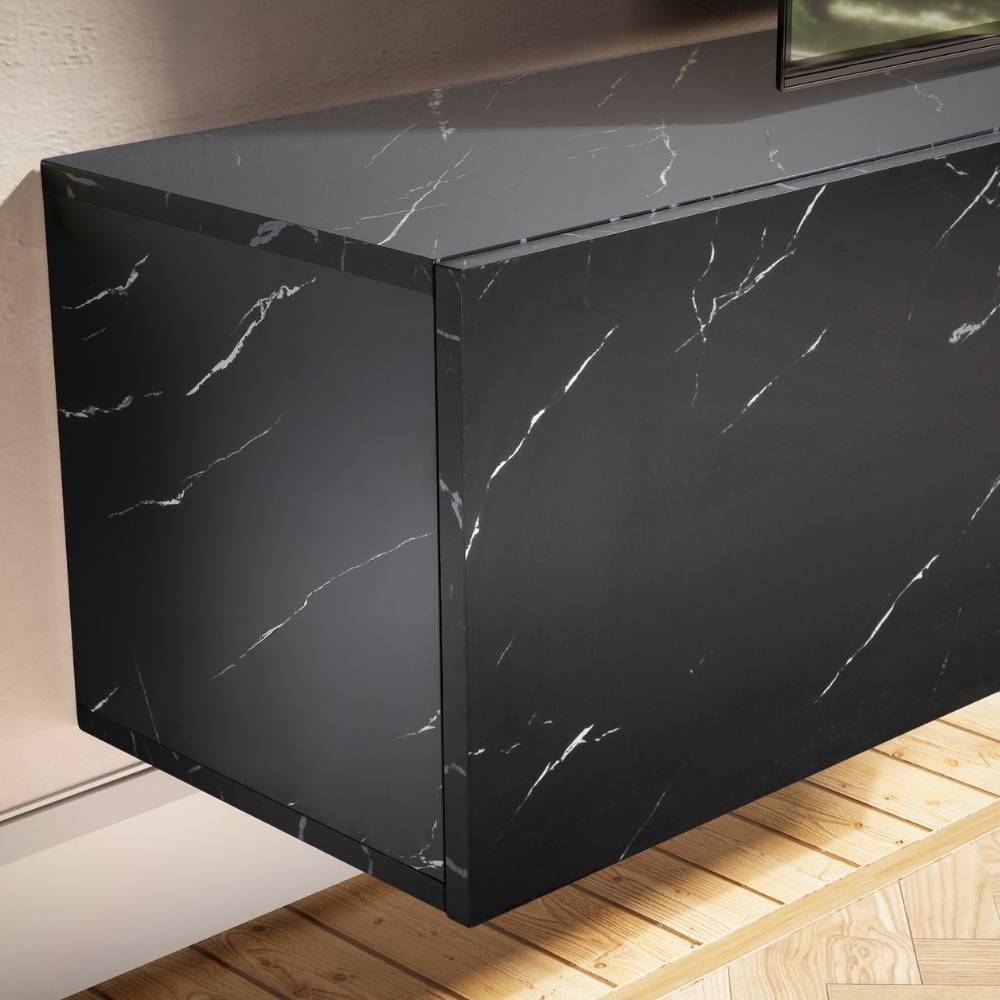 Elegantes schwarzes TV-Board in Marmor-Design schwebend an der Wand montiert – Varzino
