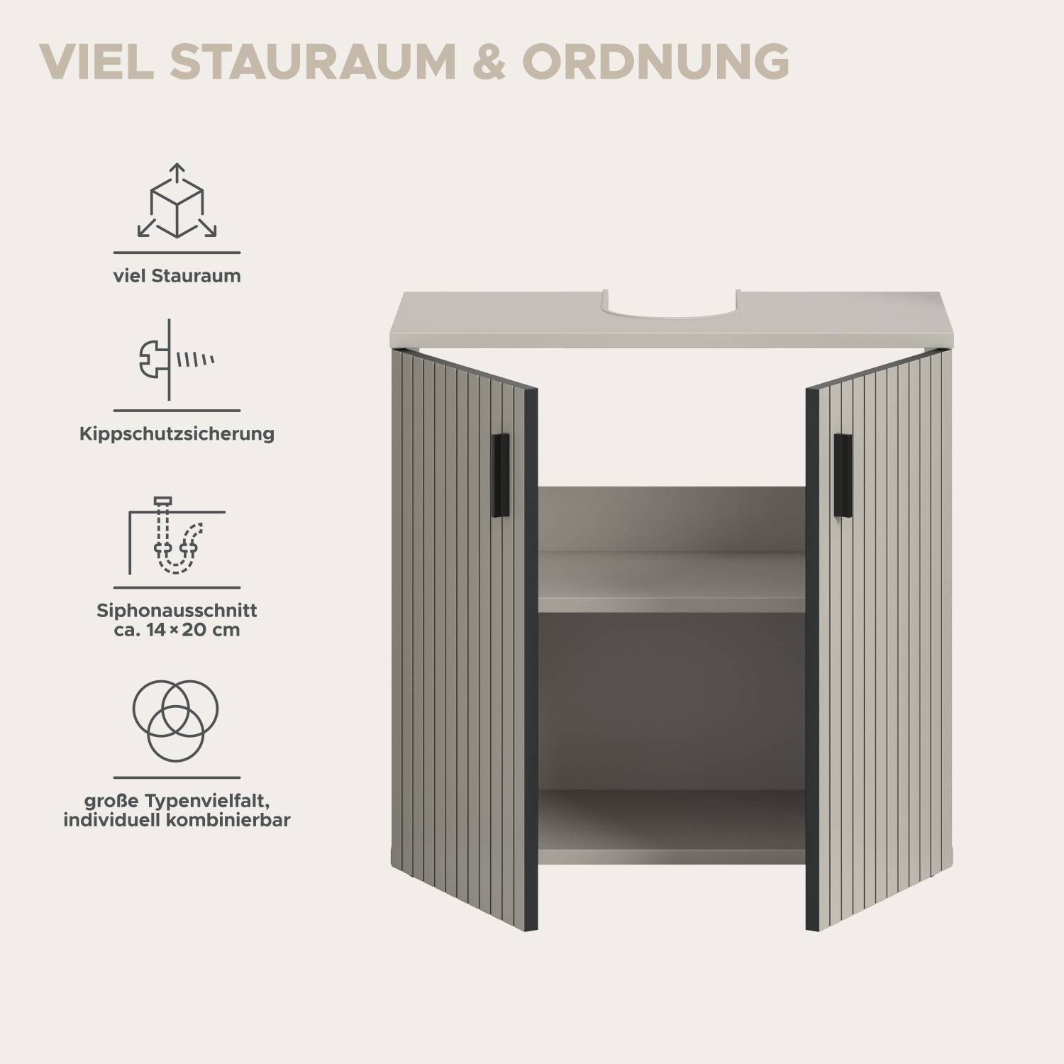 Badunterschrank mit viel Stauraum, Kippschutzsicherung und Siphonausschnitt – Loktos