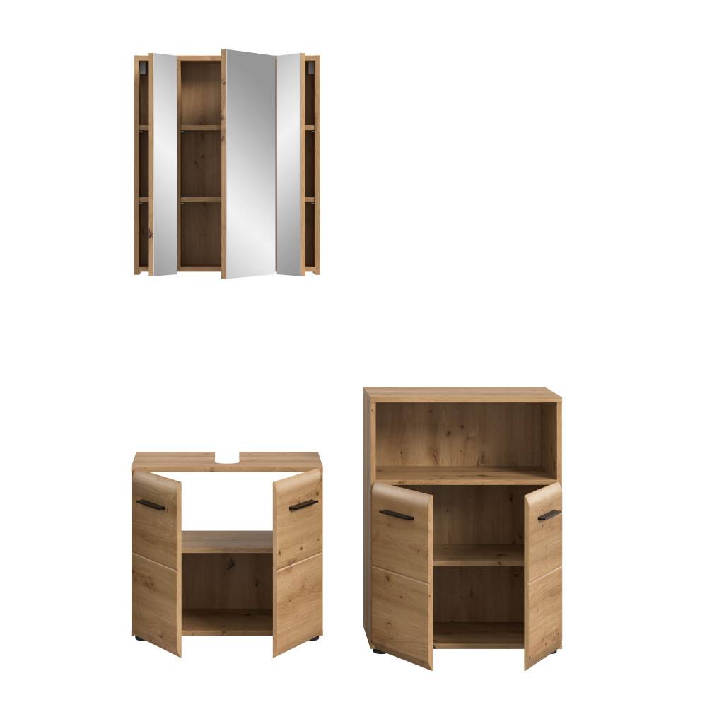 Dreiteiliges Badmöbelset Artisan Oak mit offenen Türen für Spiegelschrank, Waschtischunterschrank und Seitenschrank – Canopus