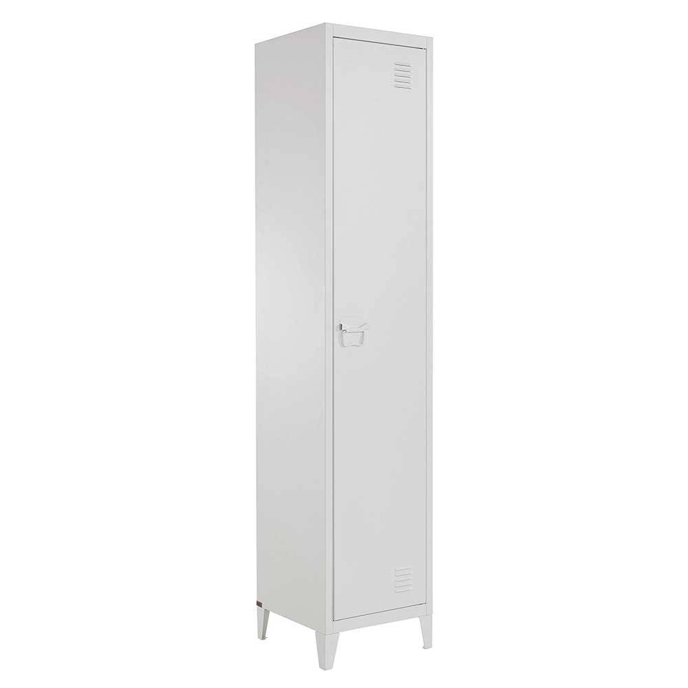 Weißer Metall-Spindschrank geschlossen mit Belüftungsschlitzen und minimalistischem Design für modernen Wohnraum – Montpa
