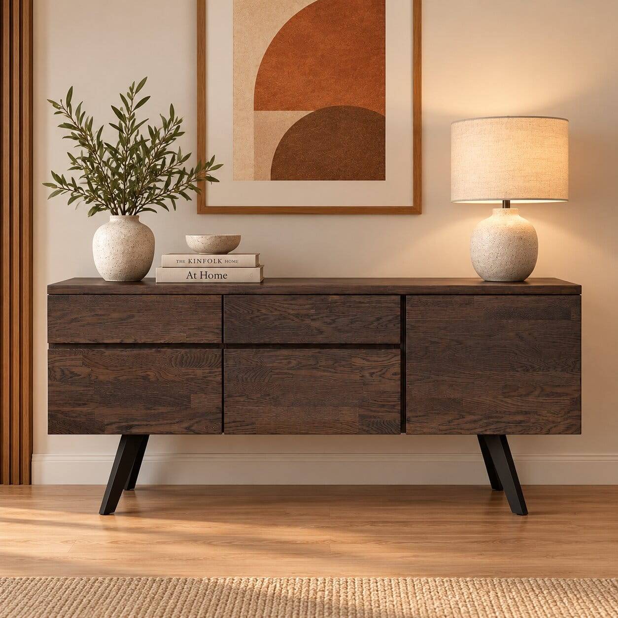 Sideboard aus massiver Eiche Rauchfarben Namac & schwarzem Stahl