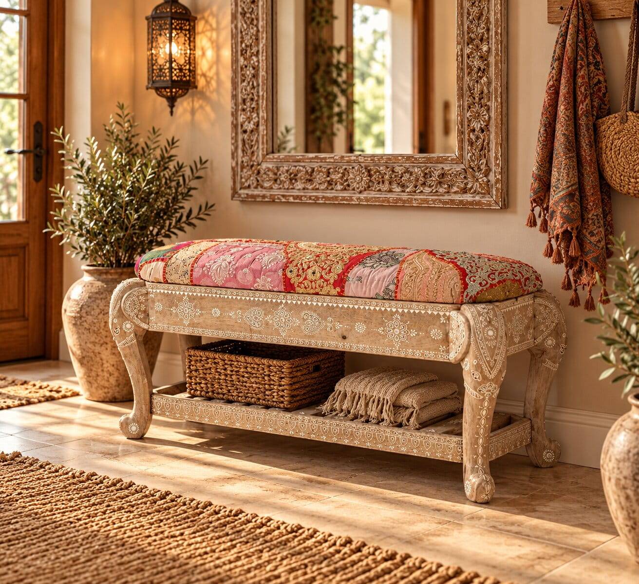 Boho Polsterbank in Holz White Wash - Sorellas