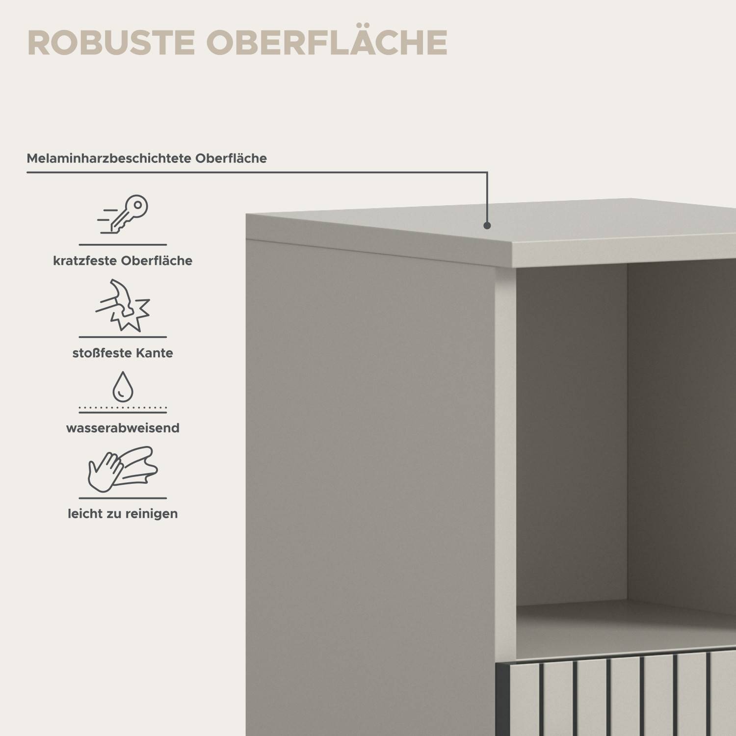 Robuste, kratzfeste und wasserabweisende Oberfläche des Midischrank Bad, Melaminharzbeschichtet – Loktos