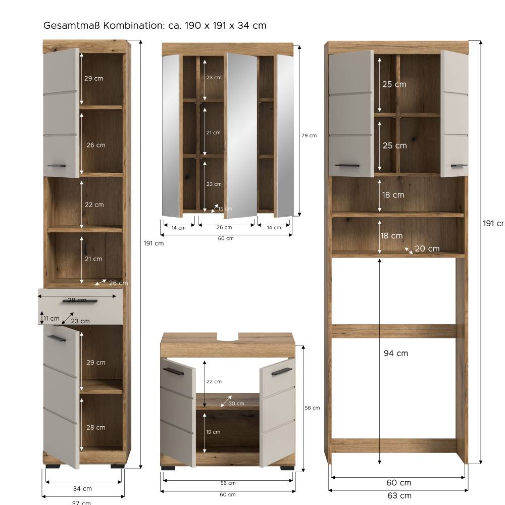 Maße und Abmessungen des Badezimmermöbelsets in Artisan Eiche und Sandgrau – Casserra