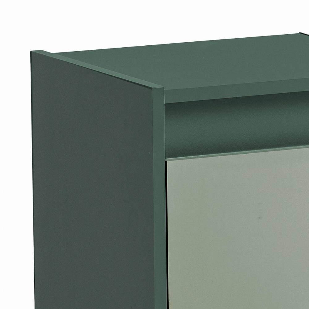 Seitenansicht des dunkelgrünen Korpus und der graugrünen Tür des Waschtischschranks – Lictona