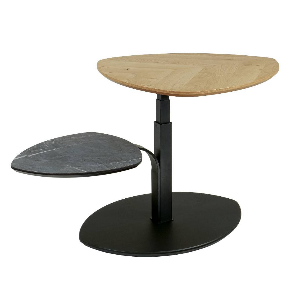 Höhenverstellbarer Design-Beistelltisch mit zwei ovalen Platten aus Eichenholz und Marmor – Malivio