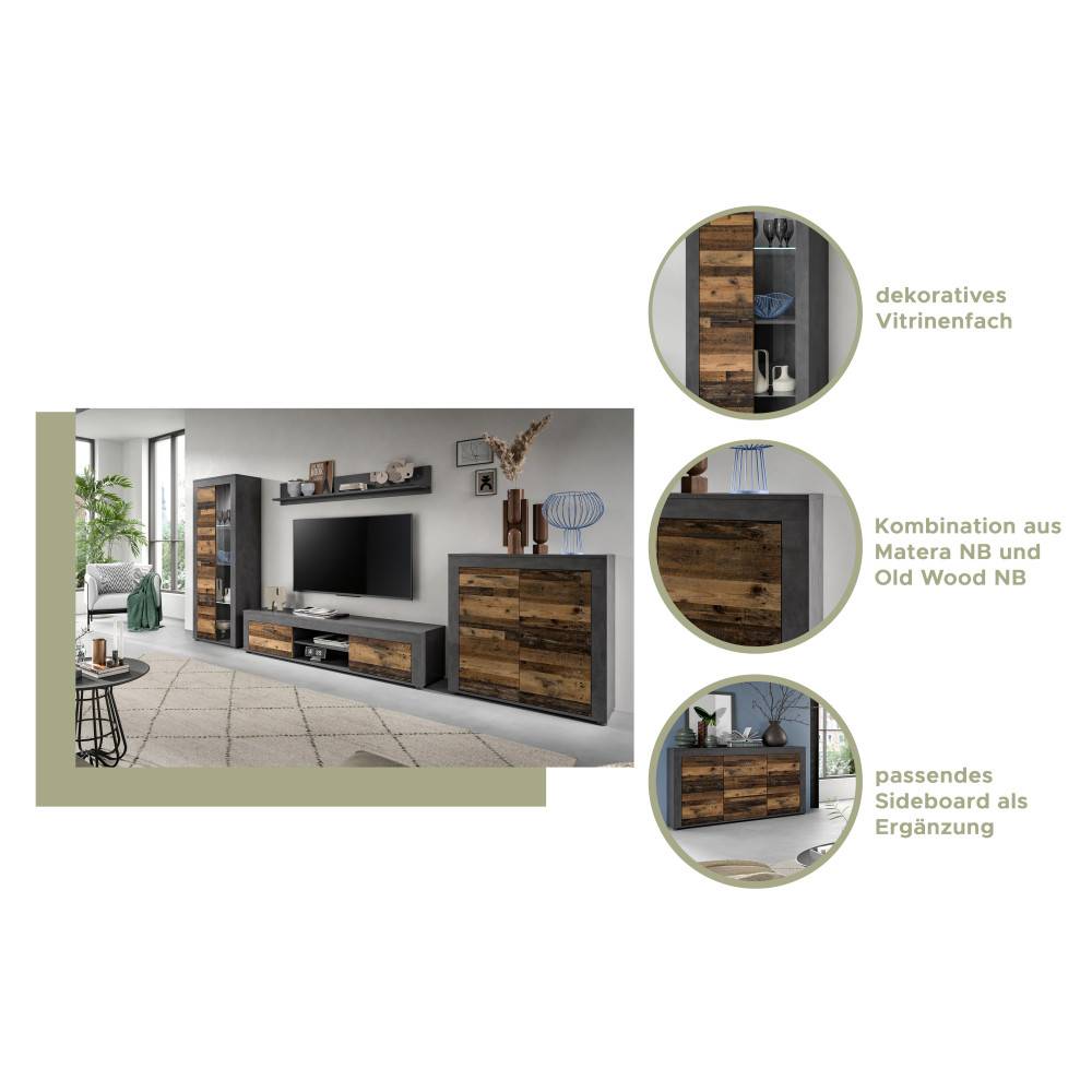 Anbauwand Istrewy mit Vitrinenfach und Sideboard, Kombination aus Matera und Old Wood Nachbildung – Istrewy