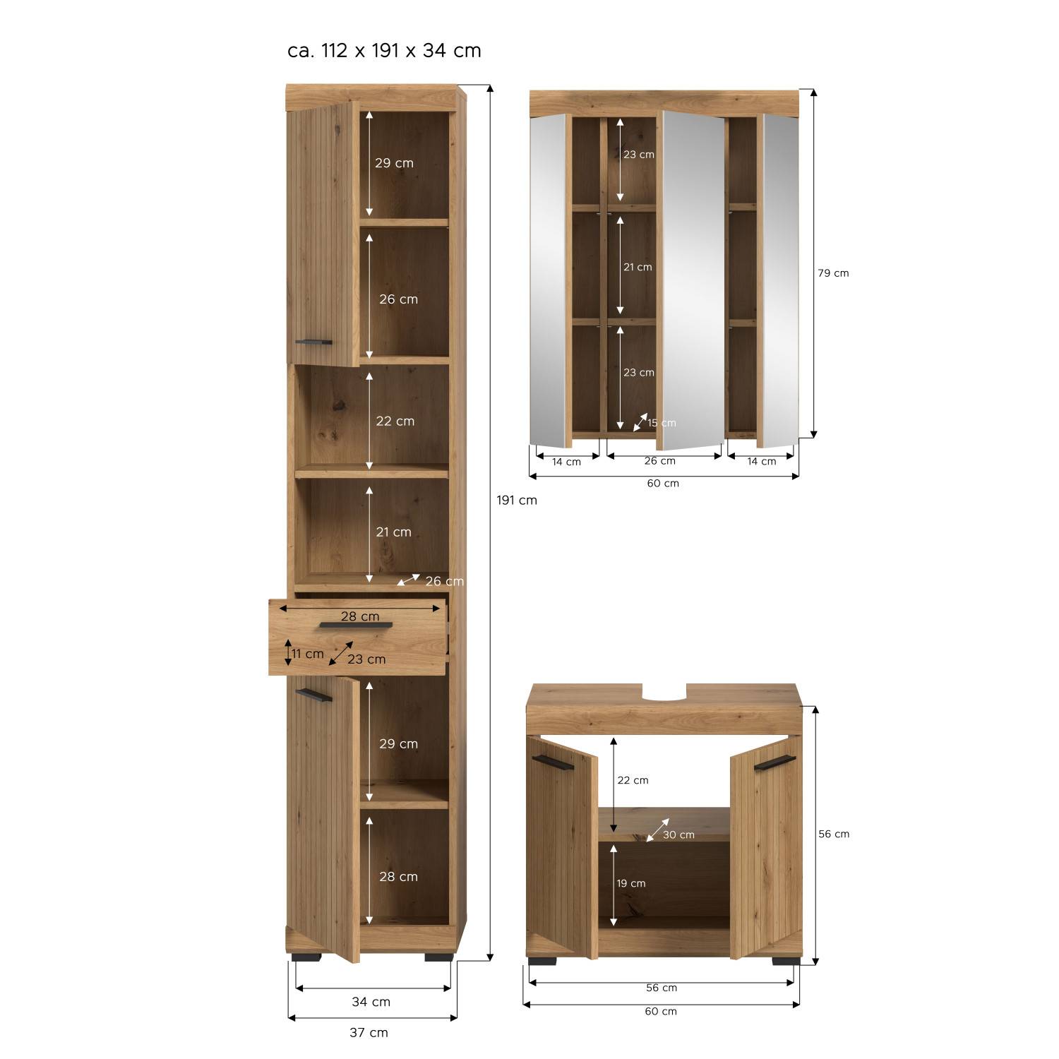 Maße und Abmessungen des dreiteiligen Badezimmermöbel Sets für alle Elemente im Detail – Lasewood
