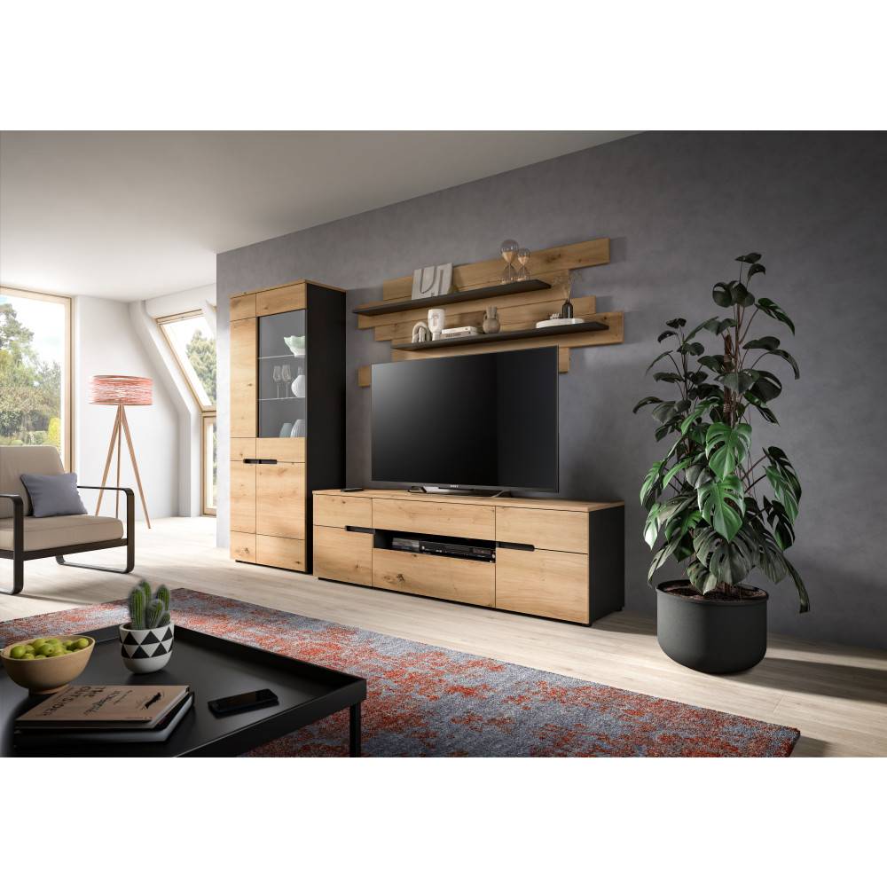 Dreiteilige Wohnwand in Eiche Artisan mit Vitrine, TV-Lowboard und Wandregalen – Irysma