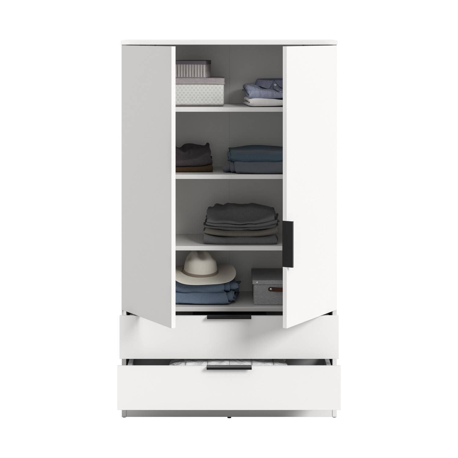Offenes weißes Highboard mit gefüllten Fächern für Kleidung und Aufbewahrung sowie geöffneter Schublade – Scarperion