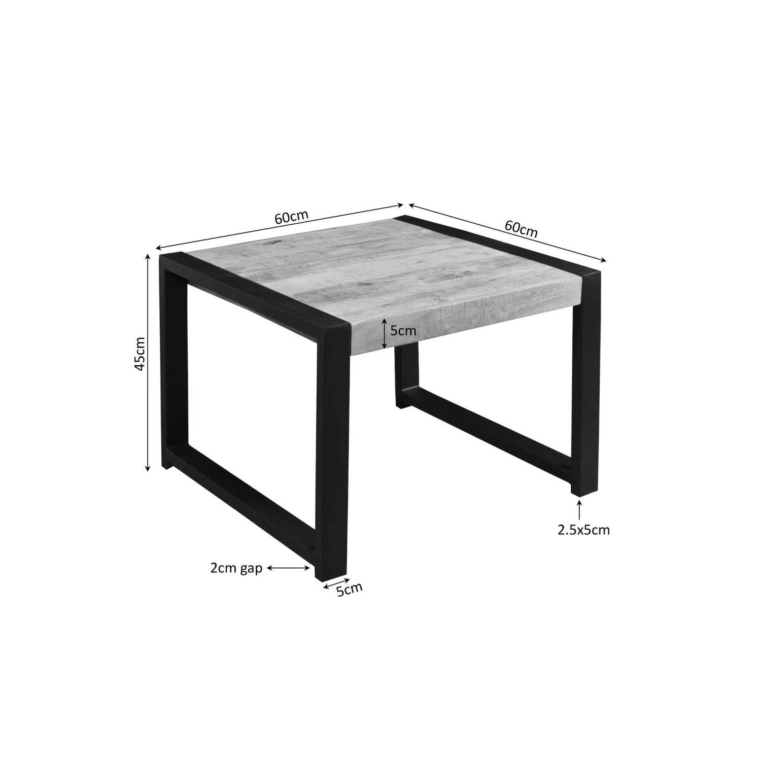 Couchtisch Maße und Abmessungen mit 60x60x45cm Holzplatte und Metallrahmen – Ceria