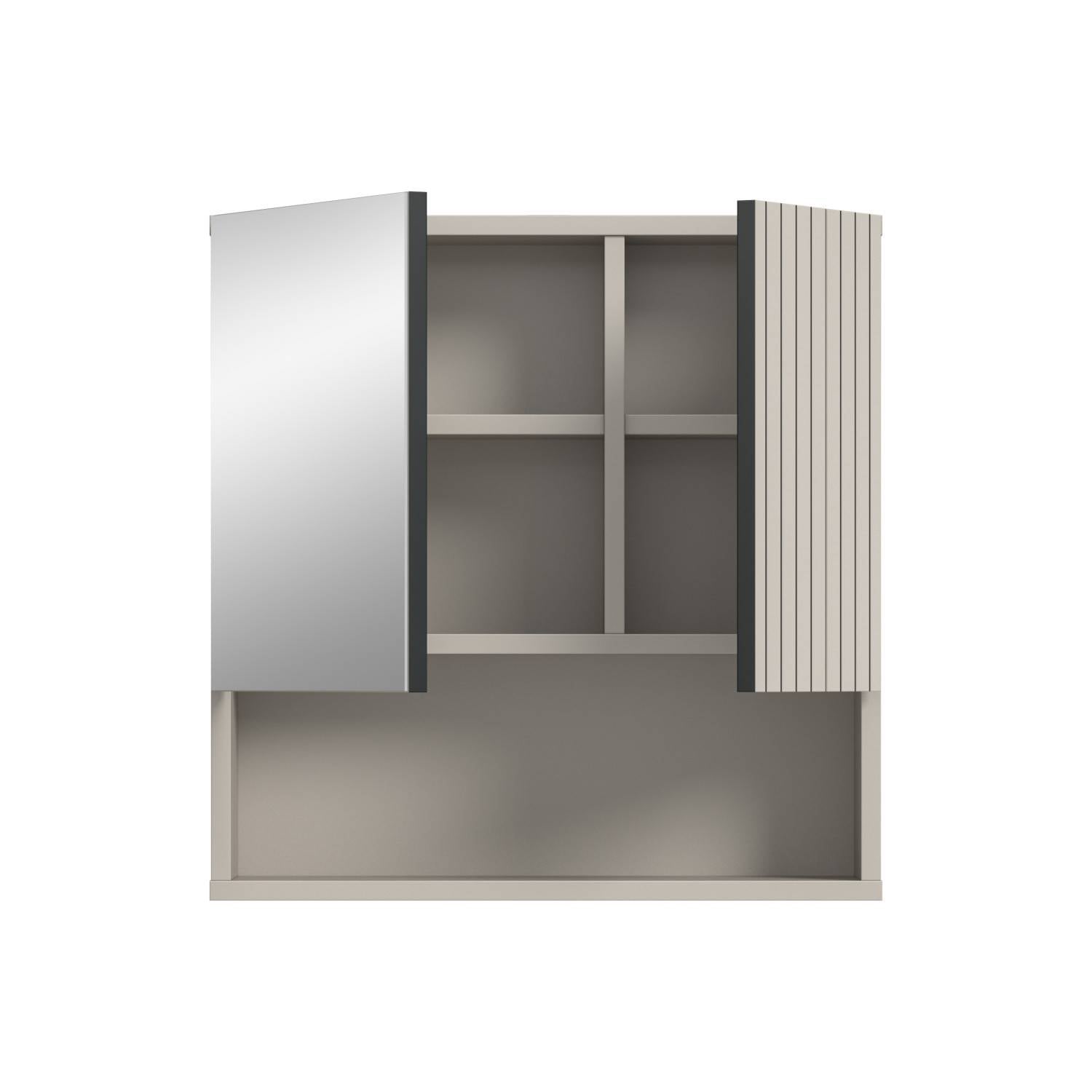 Schmaler Badschrank mit offener Spiegeltür, Rillenfront und variablen Ablagefächern – Loktos