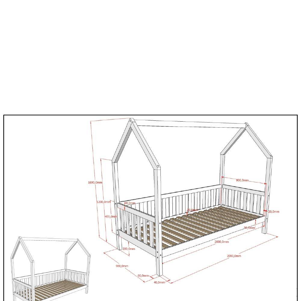 Kinder Hausbett 90x200 Maße und Abmessungen in übersichtlicher Skizze dargestellt – Gransov