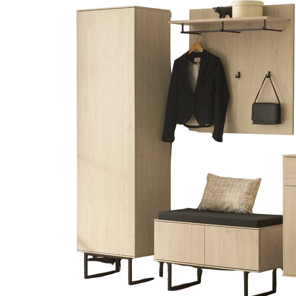 Großes fünfteiliges Flurmöbel Set mit hohem Garderobenschrank in Holzoptik – Jaskin