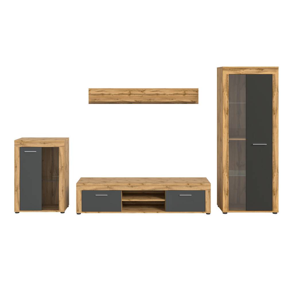 Anbauwand Set mit Lowboard, Hängeregal und zwei Vitrinen – Josie