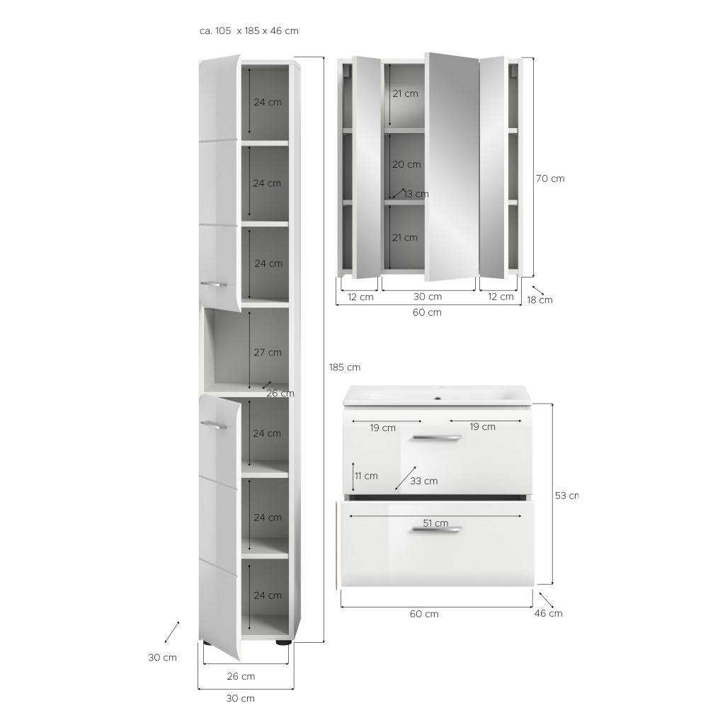 Badmöbelset Clona Maße und Abmessungen für Hochschrank, Spiegelschrank und Waschtisch – Clona