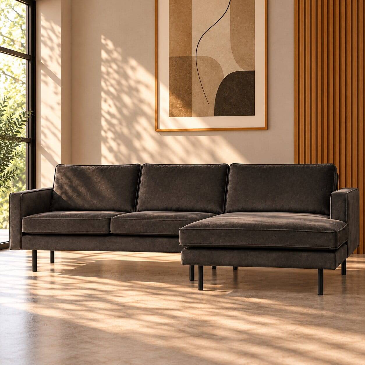 Schwarze Retro Eckcouch für das Wohnzimmer mit Polsterung und linker Ottomane – Avonita