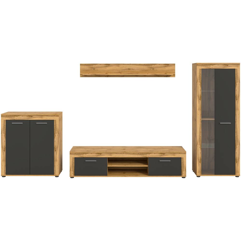 Vierteilige Wohnwand in Wotan Eiche und Anthrazit mit geschlossenen Türen und elegantem Design – Josie