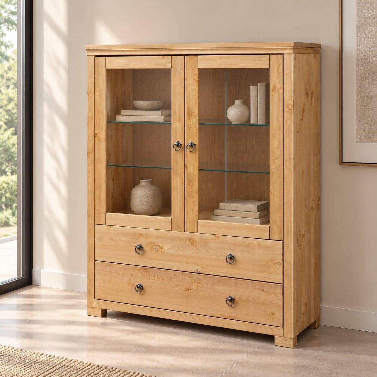 Glastüren Highboard in Natur geölt - Vinidad
