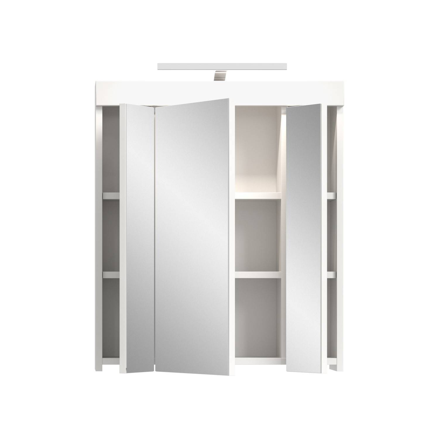 Weißer Badezimmerschrank mit geöffneten Spiegeltüren, Stauraum und integrierter Beleuchtung – Bruna