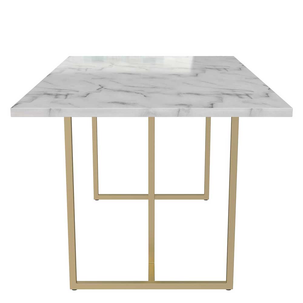 Moderner Küchentisch Marmor Optik weiß mit stabilen goldenen Metallfüßen für Essbereich – Chaira