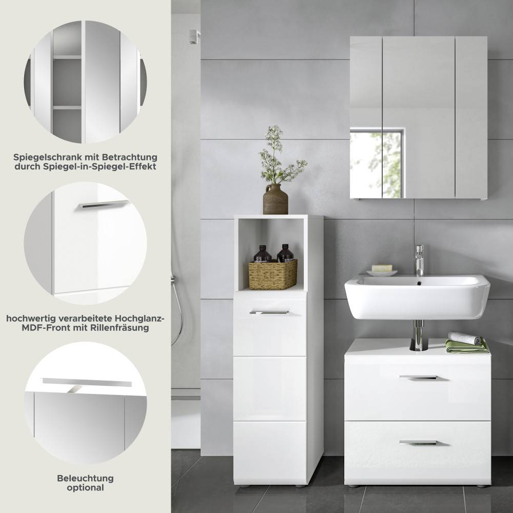 Spiegelschrank mit Spiegel-in-Spiegel-Effekt und Hochglanz-MDF-Front mit Rillenfräsung für das Bad – Clona