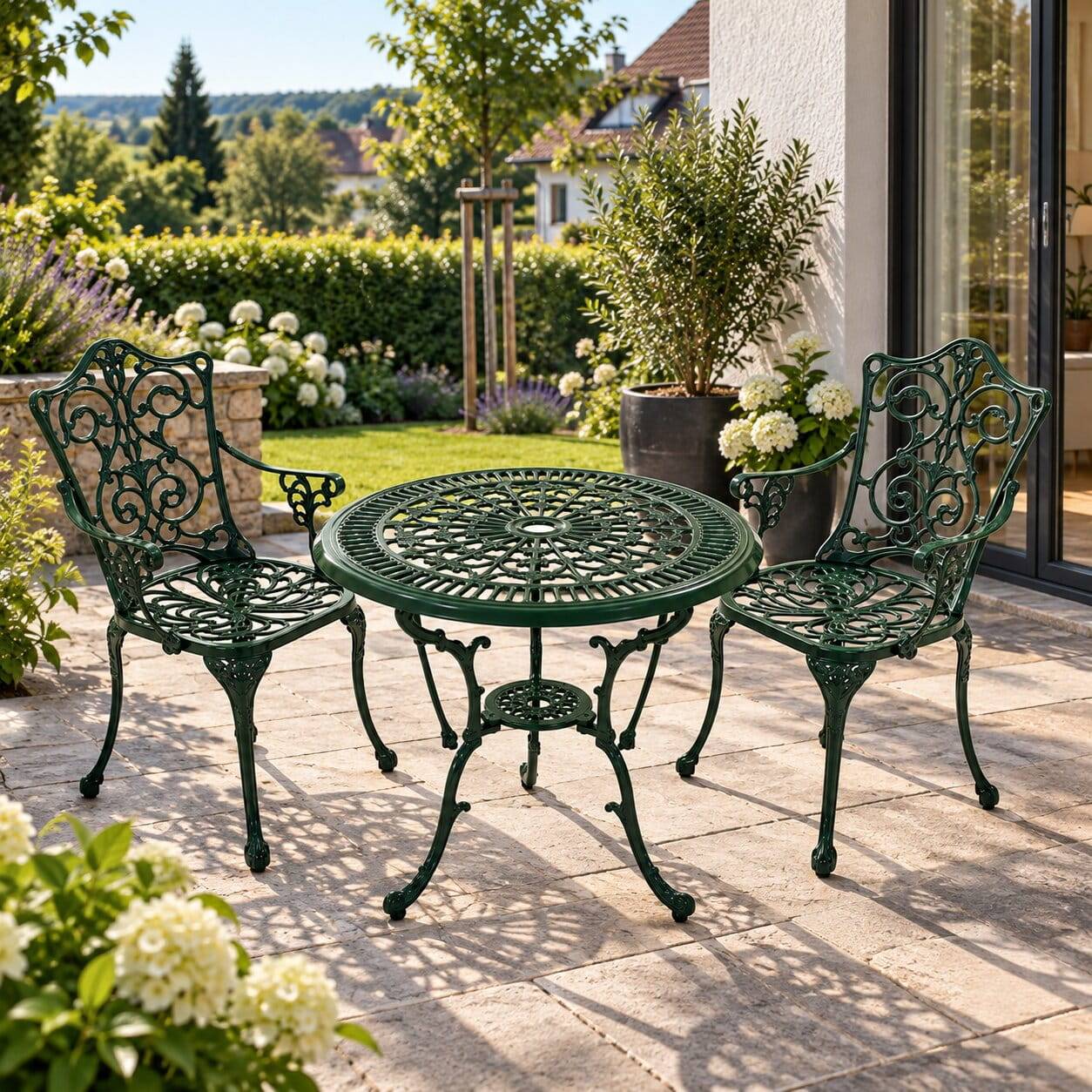 Vintage Gartentisch & zwei Armlehnenstühle - Mora (dreiteilig)