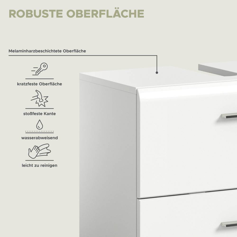 Robuste, kratzfeste und wasserabweisende Oberfläche des weißen Waschtischunterschranks – Clona