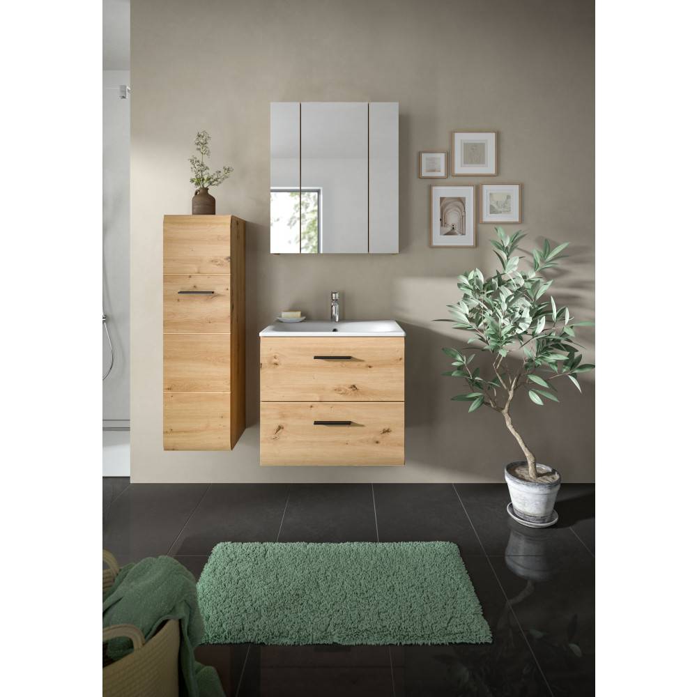 Komplettes Badmöbel Set mit abgerundeten Fronten in heller Holzoptik, inklusive Waschtisch und Spiegelschrank – Canopus